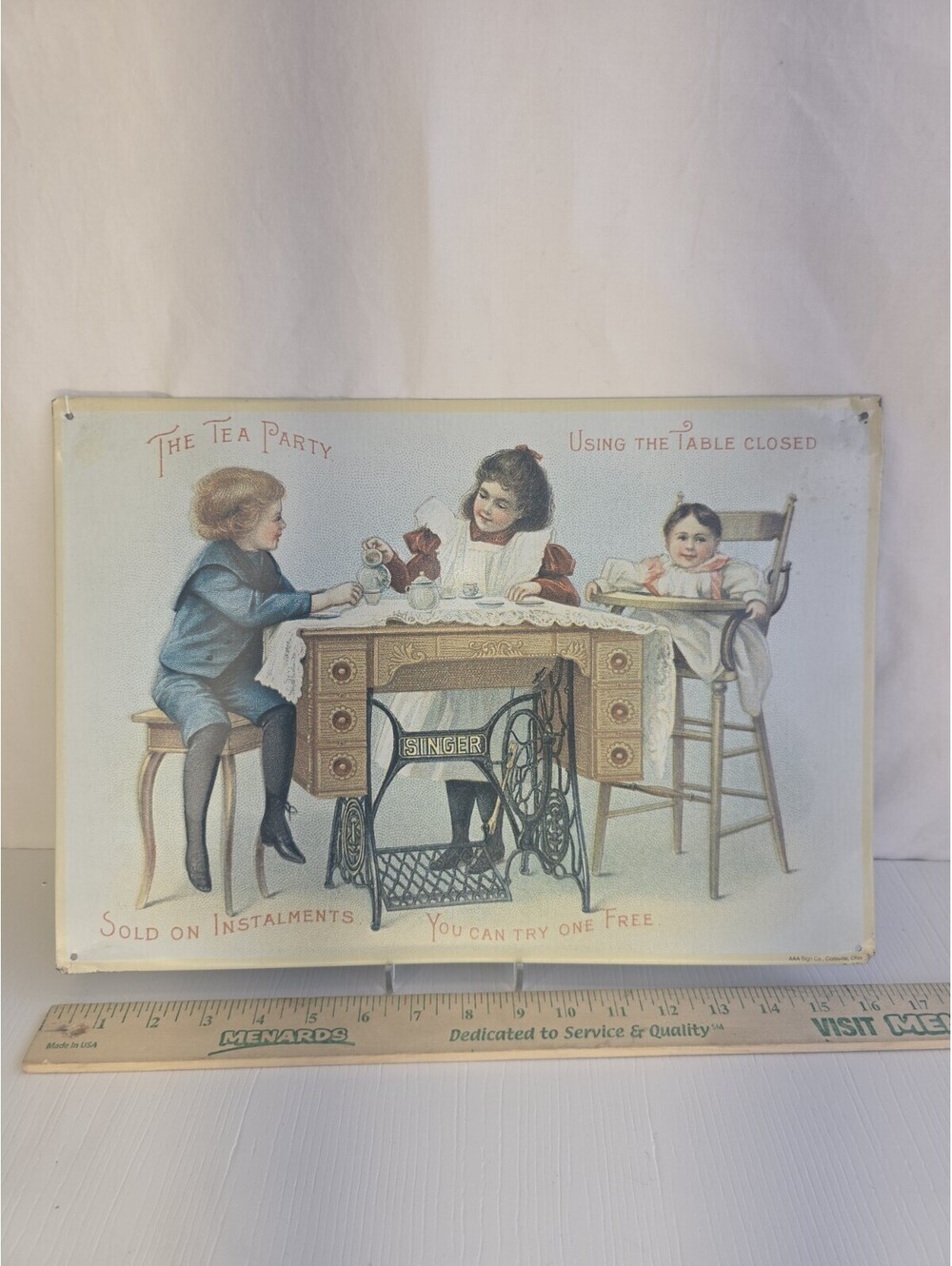Vintage Singer Sewing Machine Metal Tin Sign The Tea Party AAA Sign Co 16x11